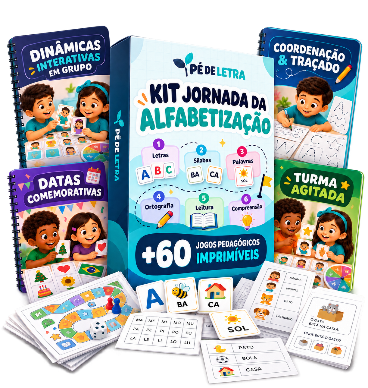 Mockup dos jogos de alfabetização prontos para imprimir